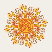 Sun with spirals, swirls, halftone shapes. Concept of harmony and balance. illustration in vintage style on white background. Solar traditional sign. Good for groovy, hippie style vector