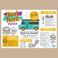 Fast food restaurant menu design template with fast food truck. illustration vector