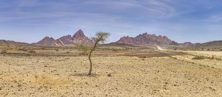 Panoramic picture of the Spitzkoppe in Namibia during the day against a blue sky photo