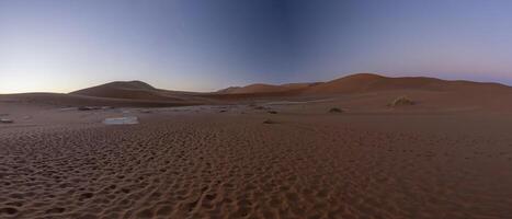 panorámico imagen de el rojo dunas de el namib Desierto con huellas en el arena en contra azul cielo foto