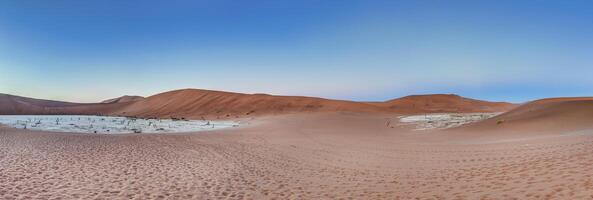 Panoramic view from the Big Daddy Dune in Sussusvlei onto the salt pan of Deathvlei with surrounding red dunes in the morning photo