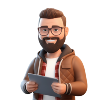 3D cartoon character stylish hipster man avatar with tablet isolated on transparent background png