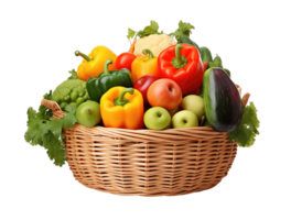 A variety of organic vegetables and fruits arranged in a wicker basket isolated on transparent background png