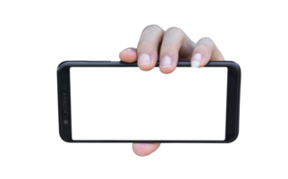 Hand hold blank screen smartphone Isolated on transparent background. File png