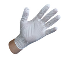 Male hand in white medical glove isolated on transparent background. File png