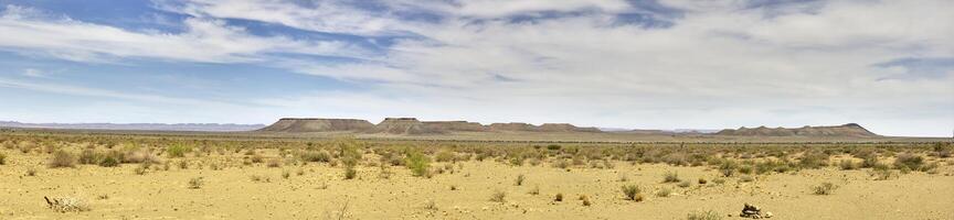 Panoramic picture of the desert-like steppe in the south of Namibia with flat table mountains photo