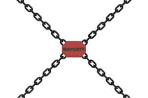 3d render of chain and boycott writing. concept illustration of blocking or prohibiting a product png