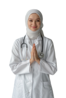 retrato do fêmea hijab médico dentro branco uniforme com Rezar pose. png