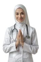 retrato do fêmea hijab médico dentro branco uniforme com Rezar pose. png