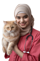 hijab female veterinarian holding a persian cat png