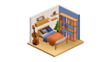 bedroom isometric interior, open view. Warm home atmosphere in love nest, Valentine's Day design, Isometric Bedroom, flat minimalistic isolated illustration png