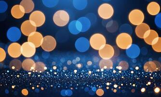 Sapphire glitter bokeh background. Unfocused shimmer royal blue sparkle. Crystal droplets wallpaper photo