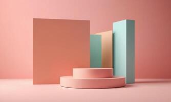 3 dimension geometric shapes. Blank podium display in pastel color. Minimalist pedestal or showcase scene for present product and mock up. Abstract background for cosmetic advertising photo