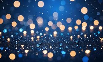 Sapphire glitter bokeh background. Unfocused shimmer royal blue sparkle. Crystal droplets wallpaper photo