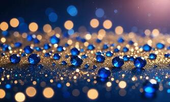 Sapphire glitter bokeh background. Unfocused shimmer royal blue sparkle. Crystal droplets wallpaper photo