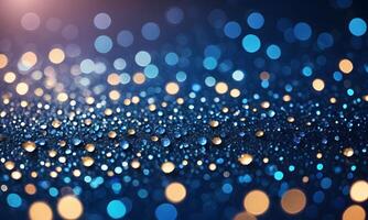 Sapphire glitter bokeh background. Unfocused shimmer royal blue sparkle. Crystal droplets wallpaper photo