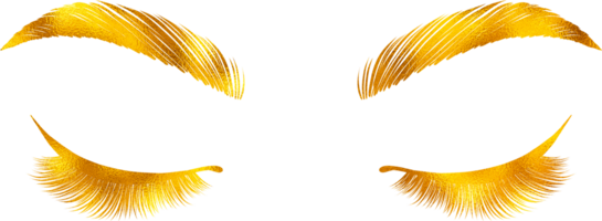 Linear style eyelashes and eyebrows with gold effect. png