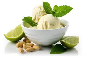 Lime ice cream almonds,mint leaf isolated on white background.. photo