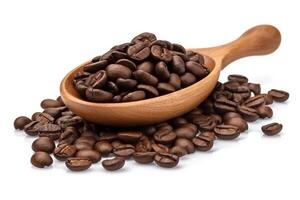 Closeup coffee beans in a wooden spoon isolated on white background.. photo