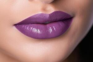 Closeup of beautiful woman's mouth with colorful lipstick.. photo