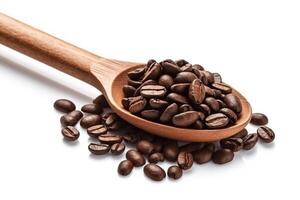 Closeup coffee beans in a wooden spoon isolated on white background.. photo