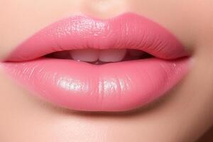 Closeup of beautiful woman's mouth with colorful lipstick.. photo