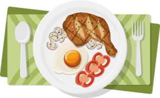 Fried eggs and vegetables, breakfast dish. Healthy food served on plate png