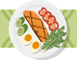 Food illustration of salmon, eggs and salad on top of a plate png