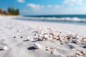 Closeup white sand fine beach with sea background.. photo