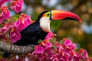 tucán pájaro en rama con hermosa rosado flor.. foto