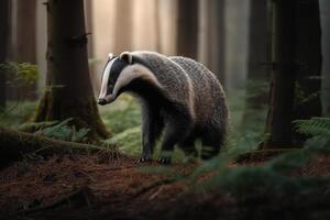 European badger walking in the forest.. photo