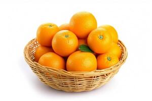 Orange in wicker basket isolated on white background.. photo