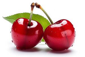 Cherry with leaf closeup isolated on white background.. photo