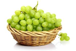 Green grape in wicker basket isolated on white background.. photo