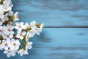 White sakura branch on blue wooden background.. photo