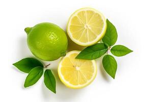 Top view lemon with leaf isolated on white background.. photo