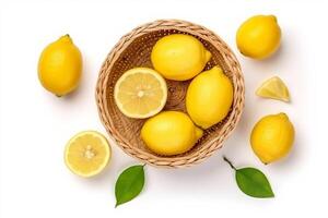 lemon in wicker basket isolated on white background .. photo