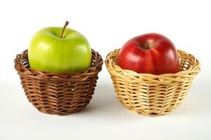 Green apple and red apple in wicker basket isolated on white background.. photo