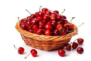 Cherries in the wicker basket isolated on white background.. photo