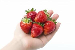 Strawberry on hand isolated on white background.. photo