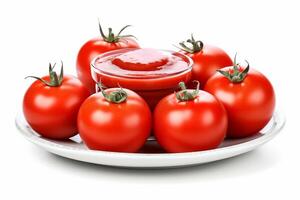 Fresh tomatoes with ketchup isolated on white background.. photo