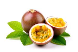 Passion fruits with leaves isolated on white background.. photo