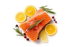 Salmon with lemon,rosemary, isolated on white background.. photo