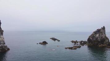 A cluster of rocks emerges from the mist in the middle of the ocean video