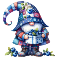 Patchwork Hat Gnome with Blueberries Illustration png