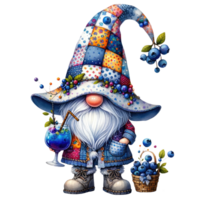 Patchwork Hat Gnome with Blueberries Illustration png