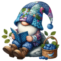 Patchwork Hat Gnome with Blueberries Illustration png