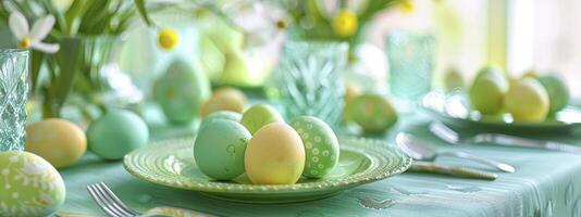 festivo tradición, tradicional Pascua de Resurrección de colores huevos adornando el mesa conjunto en refrescante verde tonos, Listo a celebrar el día festivo. foto