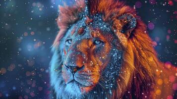 real majestad, un león en medio de vibrante y brillante puntos foto