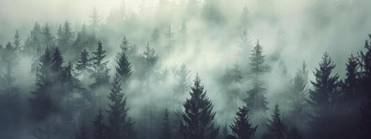 Enigmatic Reverie, Wallpaper Background Featuring a Fog-Covered Forest, Evoking Mystery and Intrigue photo